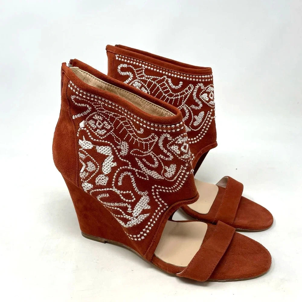 Anthropologie Plomo Paula Embroidered Wedge Sandals Rust Orange Size 37 US 6.5